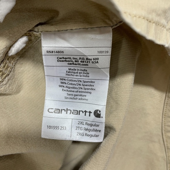 Carhartt 2XL Beige Button Up Relaxed Fit Short sleeve Pockets Cotton Spandex - Picture 5 of 6